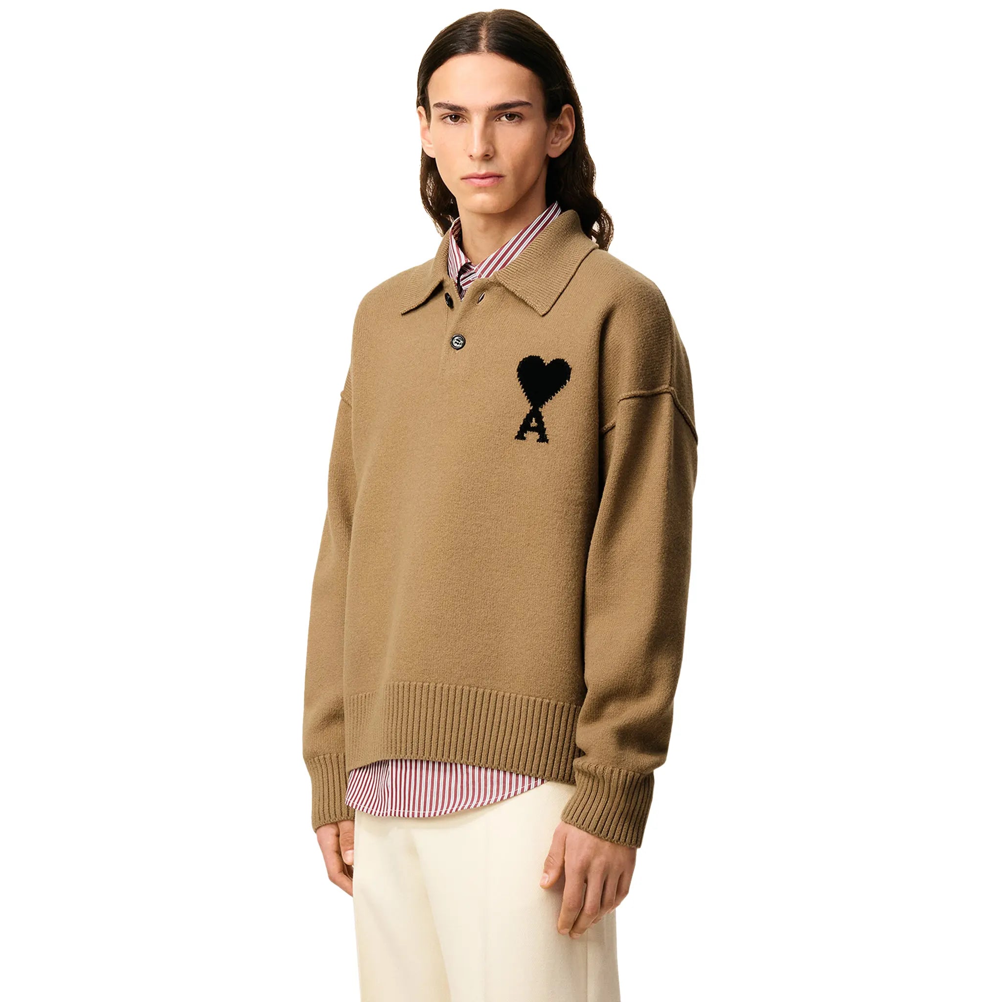 Front Side View of Ami Paris ADC Knitted Tan Polo Sweatshirt UPL409-018-288